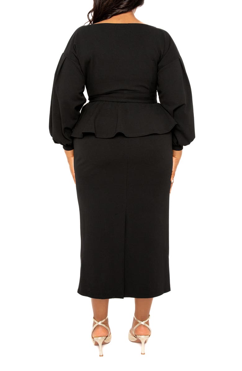 BUXOM COUTURE Convertible Shoulder Belted Peplum Midi Dress, Alternate, color, Black