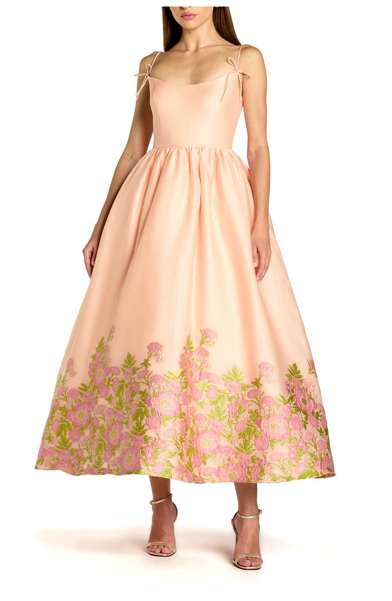 Mac Duggal Spaghetti Strap Organza Midi Dress With Bow Detail, Main, color, Pink Multi