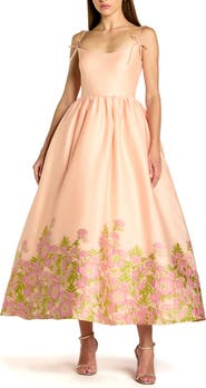 Mac Duggal Spaghetti Strap Organza Midi Dress With Bow Detail