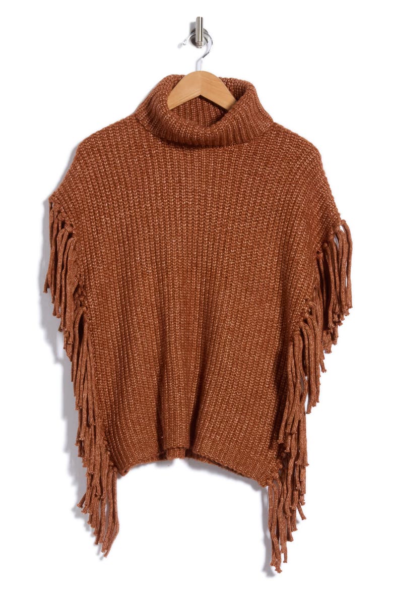 Fringe Trim Turtleneck Sweater, Main, color, CLAY BROWN HEATHER