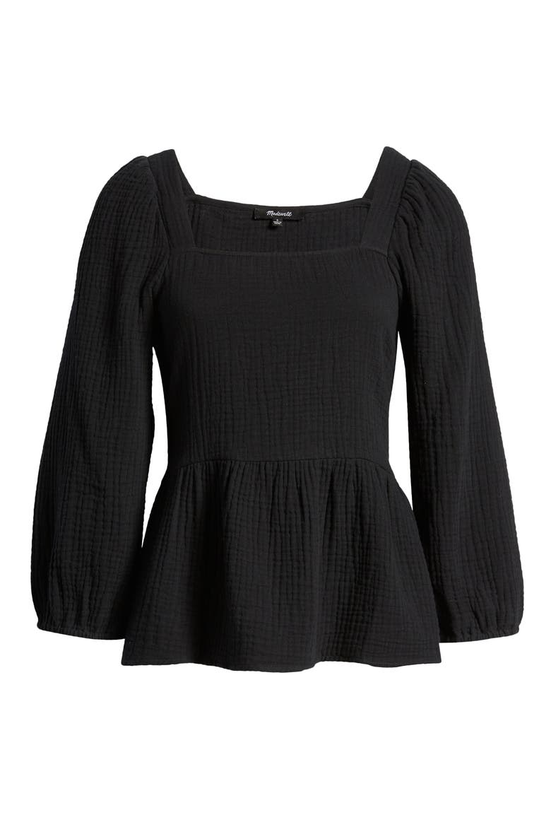 Millbrook Puff Sleeve Lightspun Cotton Peplum Top, Alternate, color, TRUE BLACK