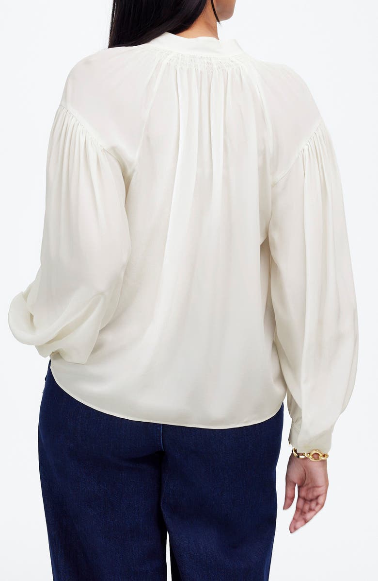 Madewell Shirred Long Sleeve Silk Top, Alternate, color, Winter White