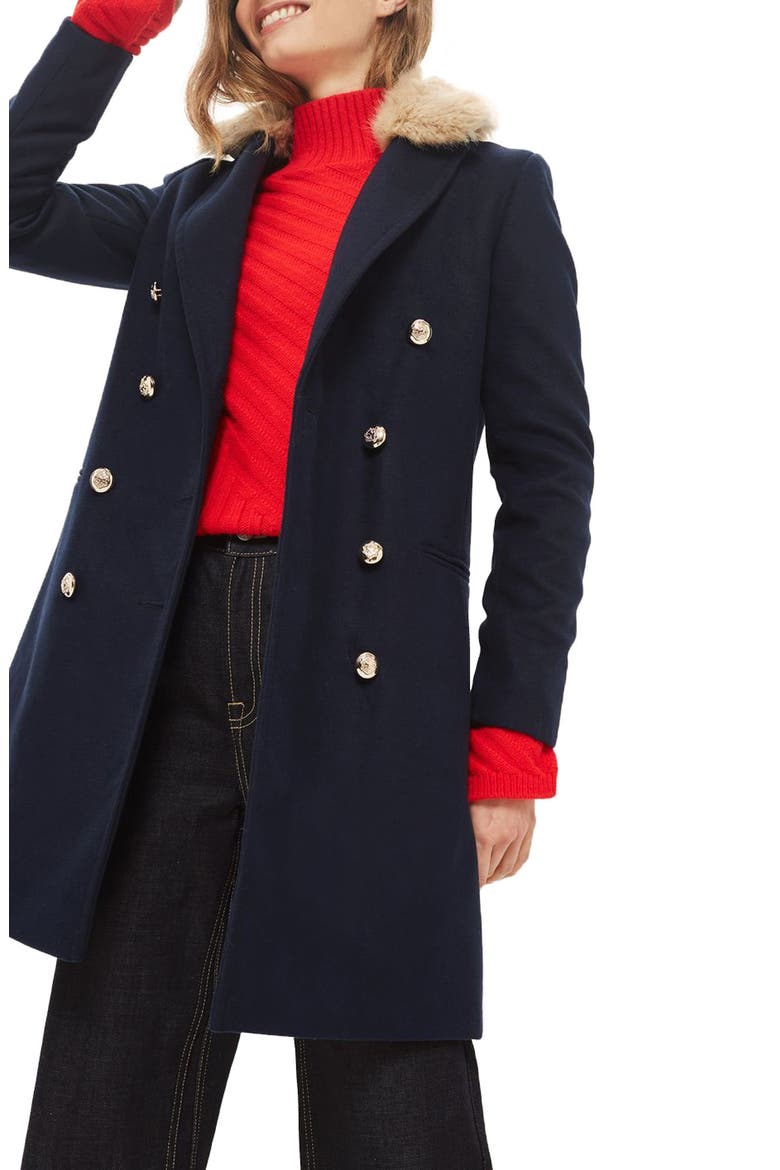 Nina Faux Fur Collar Double Breasted Coat, Main, color, NAVY BLUE