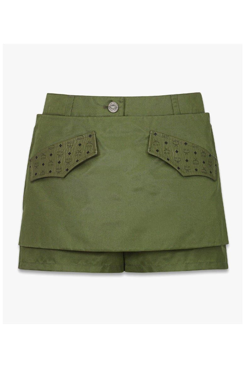 Skirt-Layered Shorts in ECONYL® and Monogram Print Leather, Main, color, Khaki-Moss