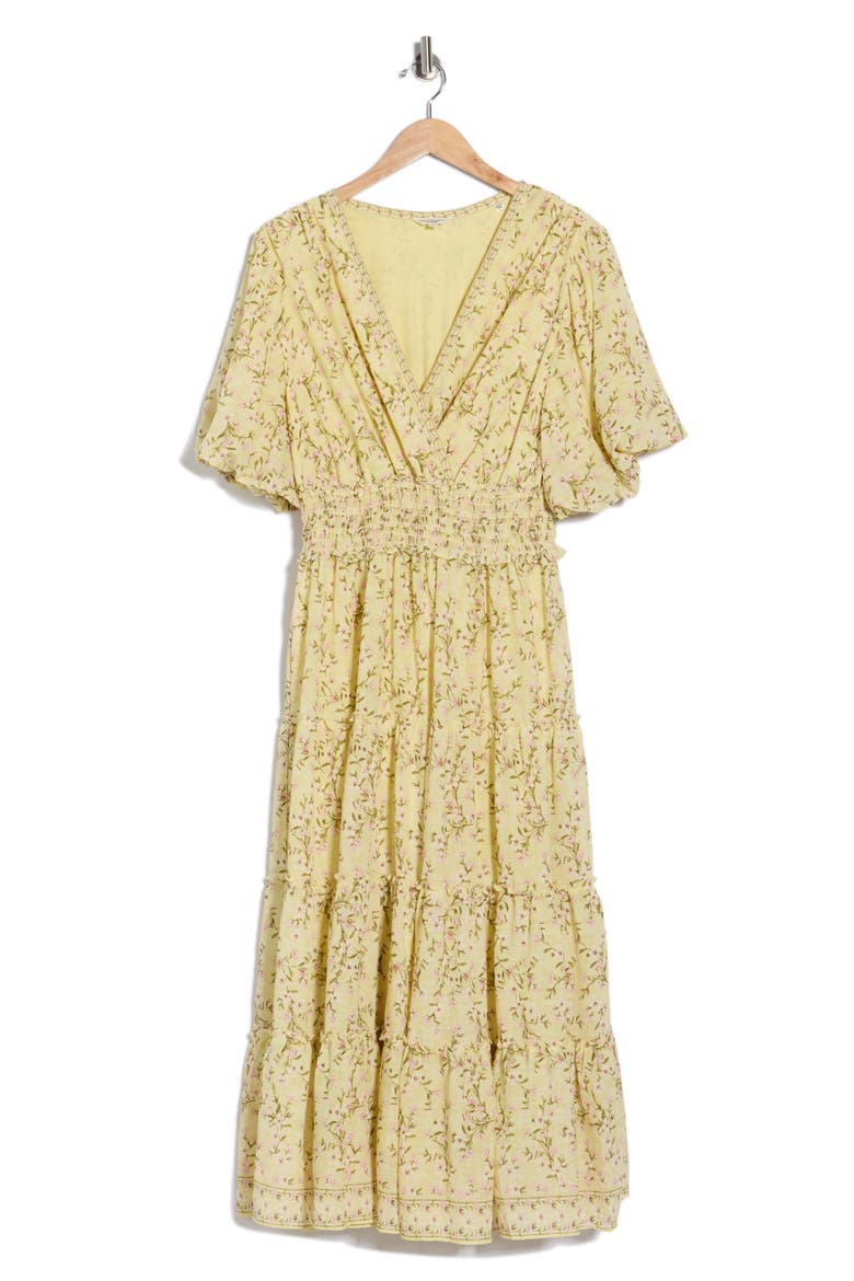 Print Puff Sleeve V-Neck Dress, Alternate, color, YELLOW TOSSED MEADOW