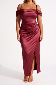 Popilush Liquid Metallic Fabric Off Shoulder Shine Ruched Sculpting Maxi Shapewear Dress