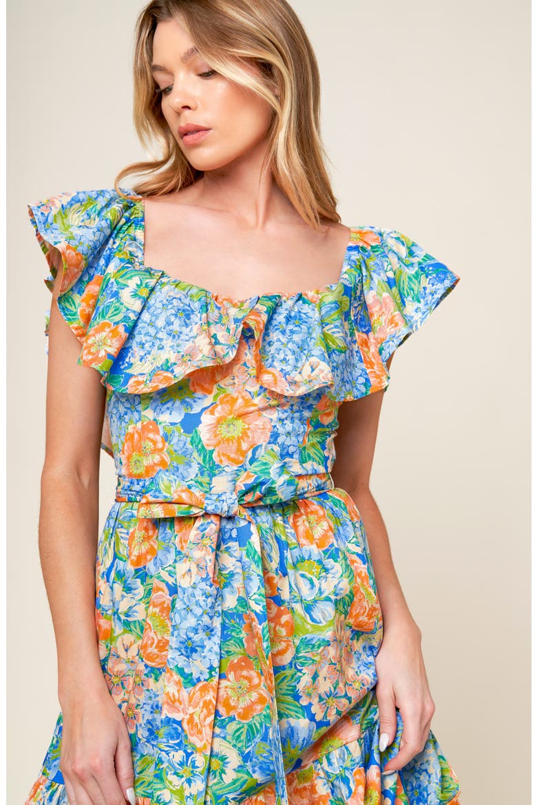Floral Ruffle Cap Sleeve Cotton Maxi Dress, Alternate, color, CORAL/ POWDER BLUE