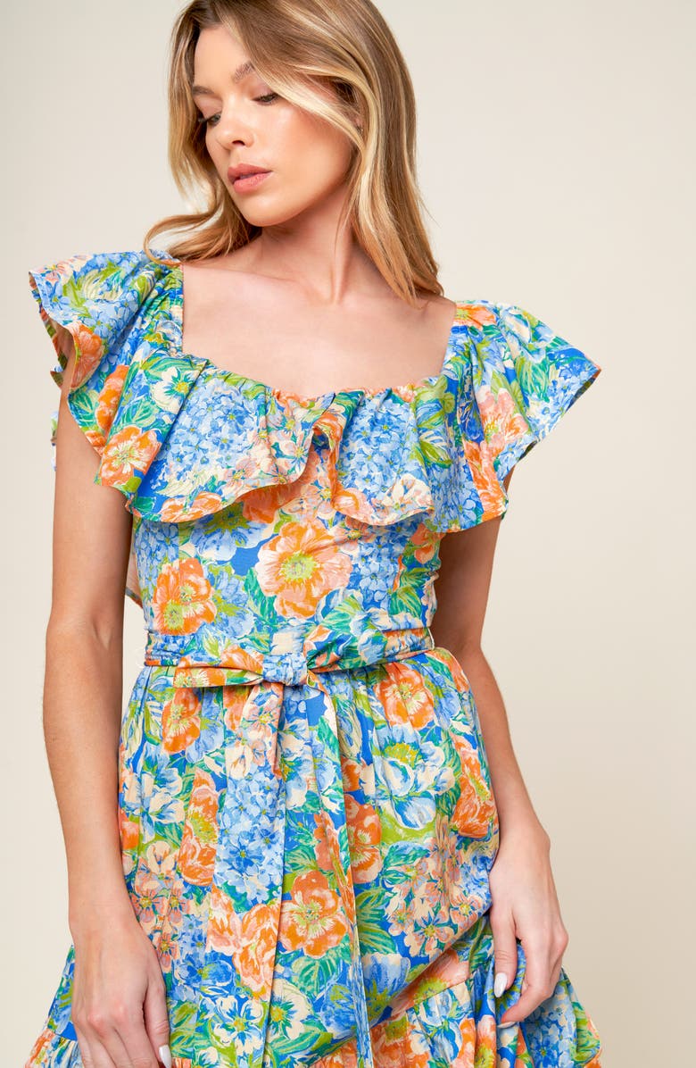 FLYING TOMATO Floral Ruffle Cap Sleeve Cotton Maxi Dress, Alternate, color, Coral/ Powder Blue