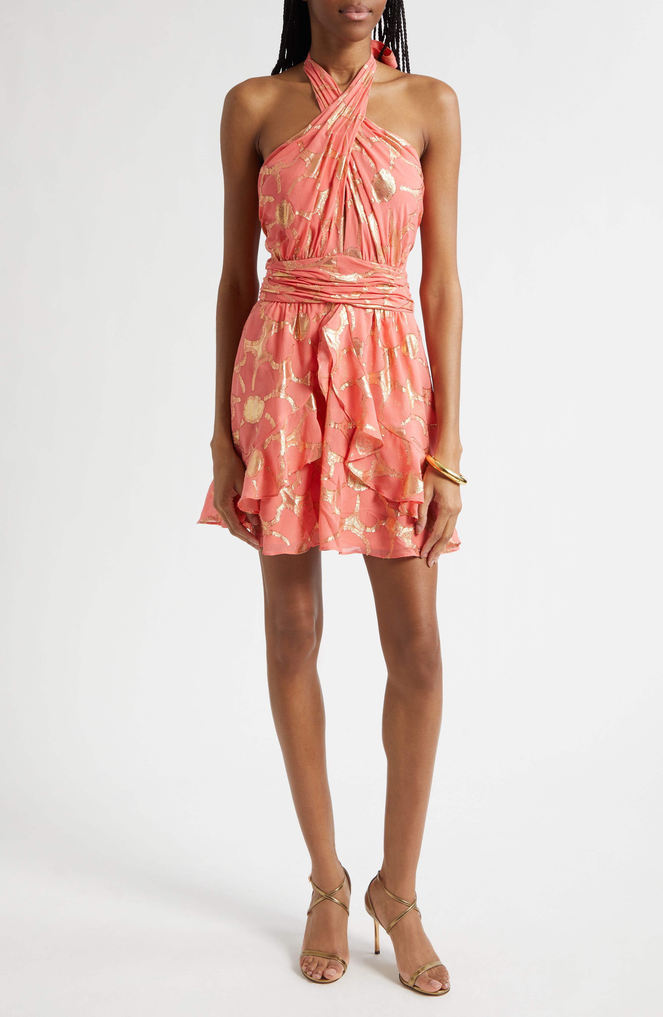 Reuben Metallic Daisy Print Mini Halter Dress - image 3