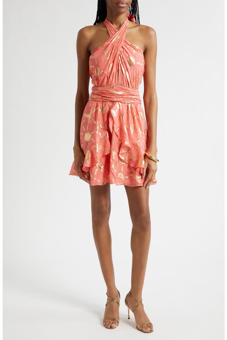 Reuben Metallic Daisy Print Mini Halter Dress, Main, color, CORAL JACQUARD