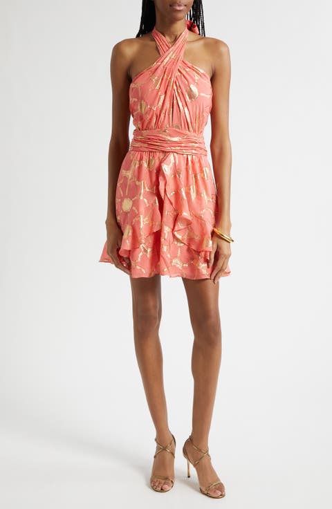 Reuben Metallic Daisy Print Mini Halter Dress