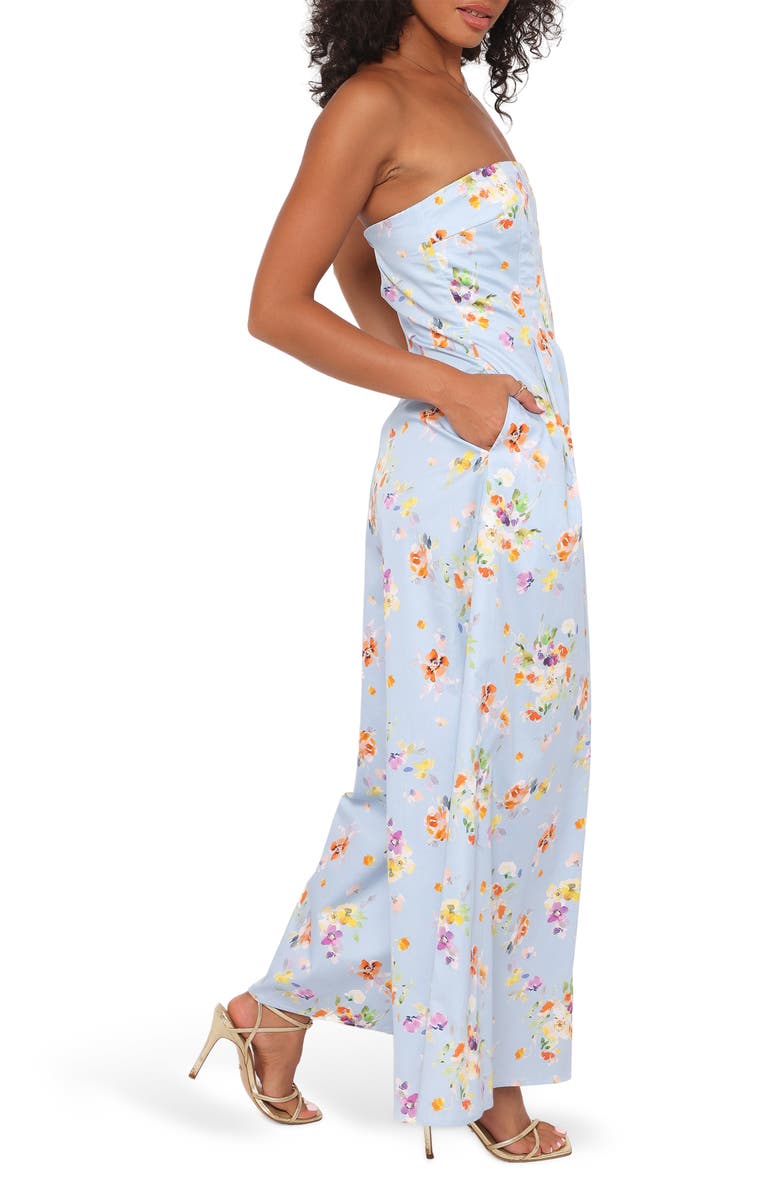 Petal & Pup Wren Floral Strapless Wide Leg Cotton Jumpsuit, Alternate, color, Cornflower Blue Floral