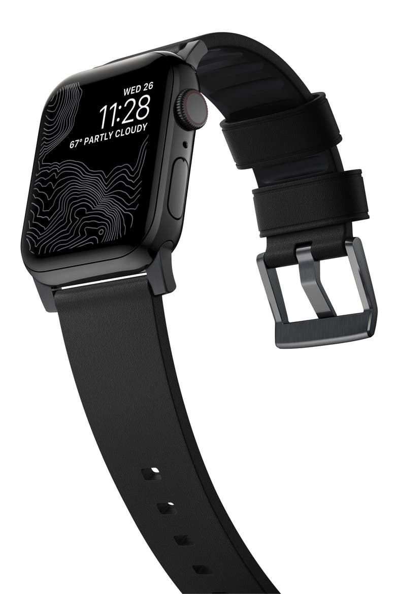 Modern Leather 24mm Apple Watch® Watchband, Alternate, color, BLACK/ BLACK