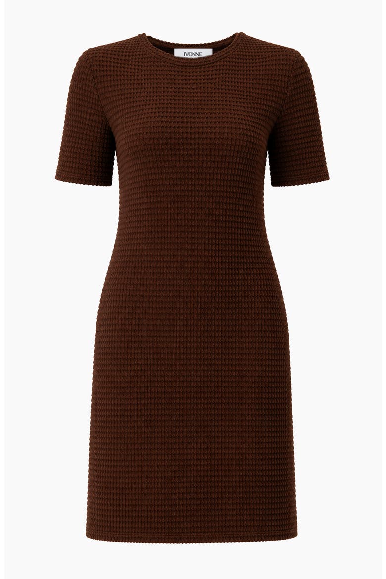 Textured Waffle-Knit Shift Short-Sleeve Mini Dress, Alternate, color, Brown