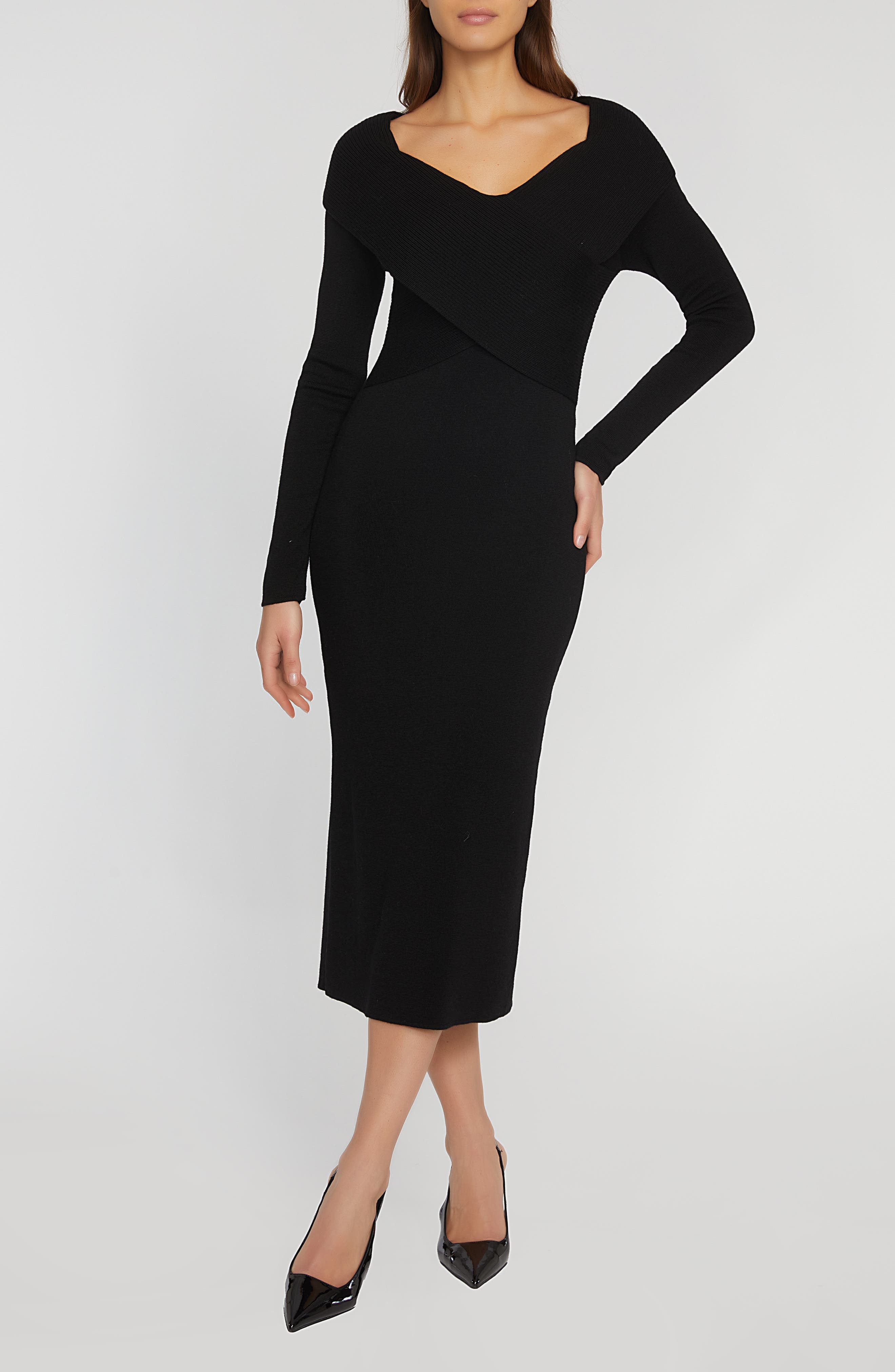 Elie Tahari The Rowan Long Sleeve Merino Wool Midi Sweater Dress in Noir Black 