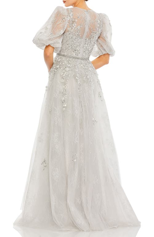 Mac Duggal Embellished Puff Sleeve A Line Gown In Platinum