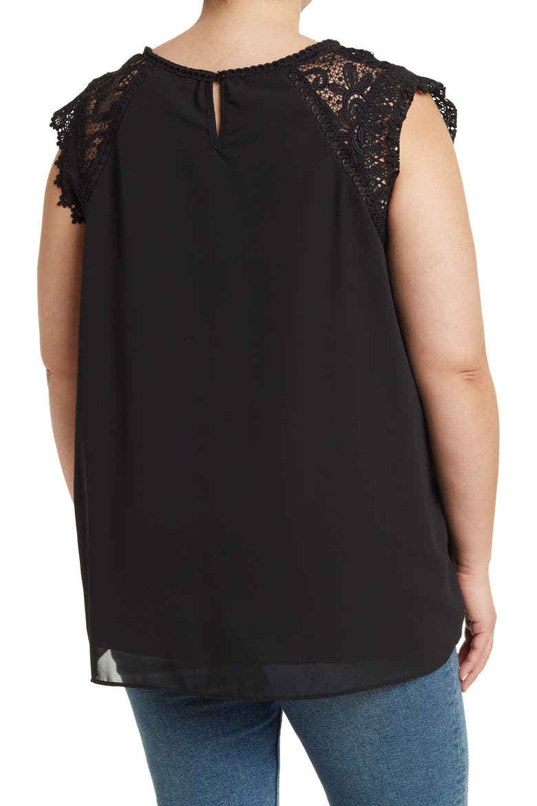 Pleated Crochet Shoulder Top, Alternate, color, BLACK