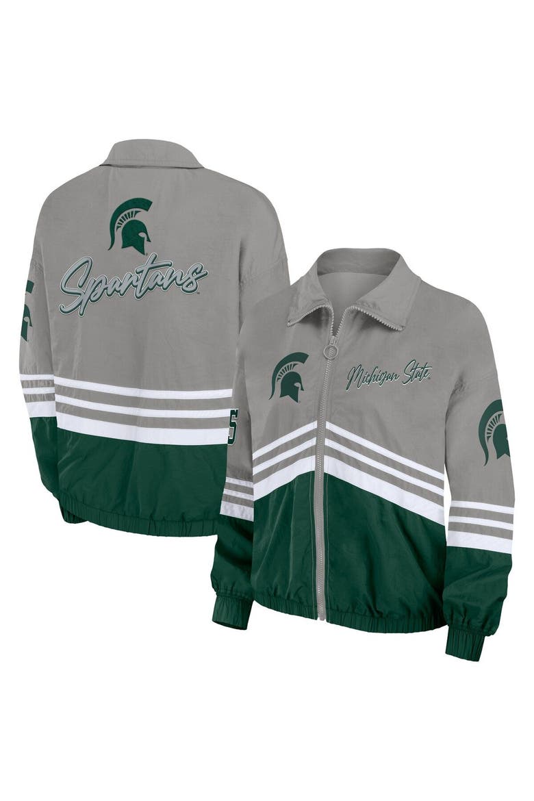 Women's WEAR by Erin Andrews Gray Michigan State Spartans Vintage Throwback Windbreaker Full-Zip Jacket, Main, color, Gray