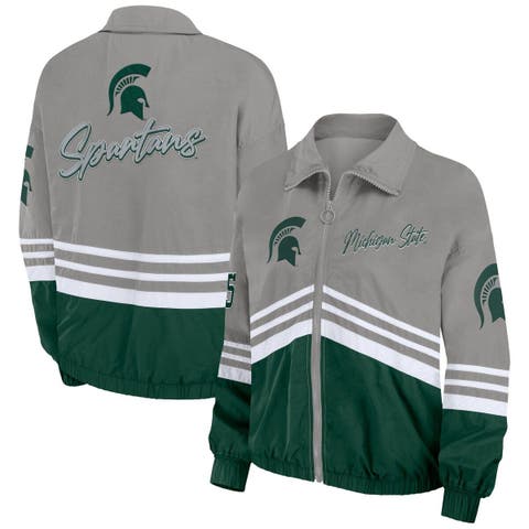 Women's WEAR by Erin Andrews Gray Michigan State Spartans Vintage Throwback Windbreaker Full-Zip Jacket