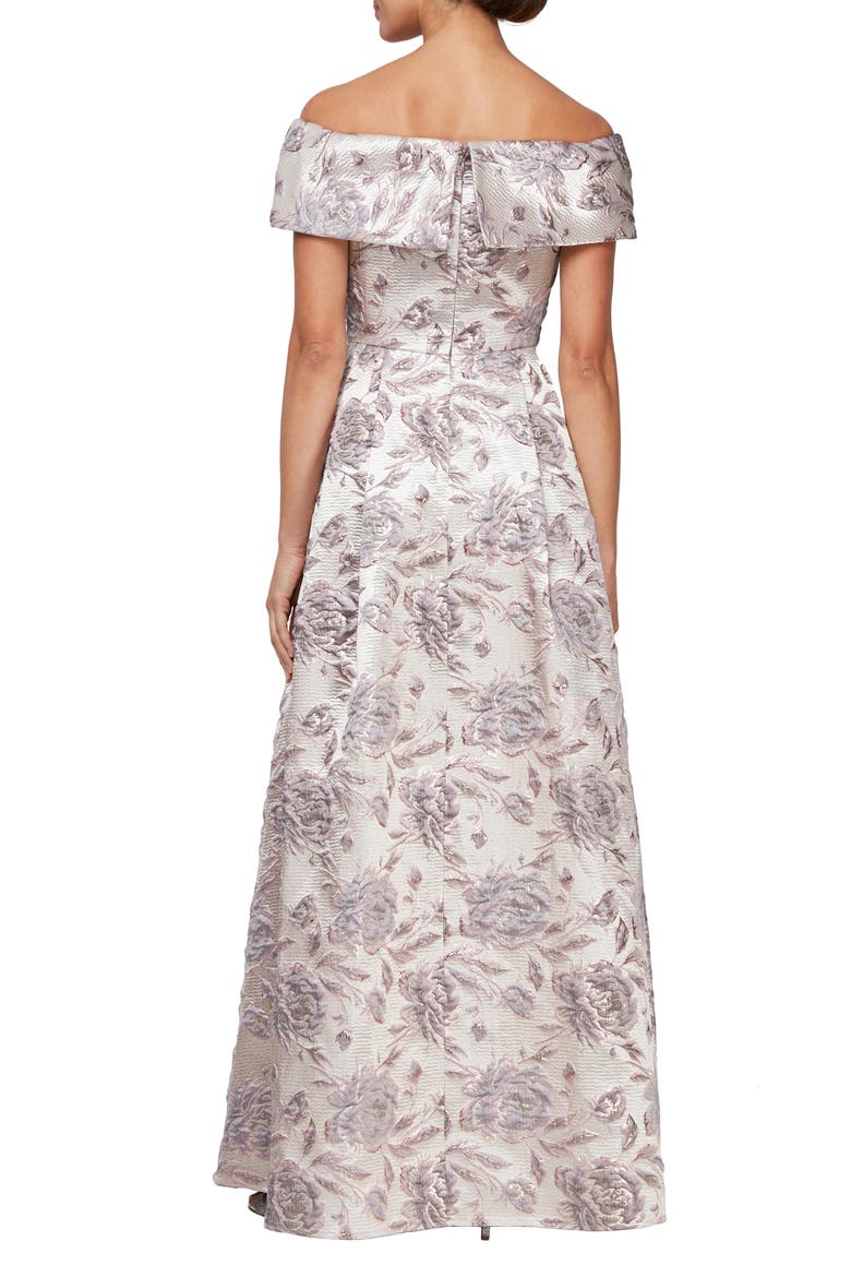 Metallic Floral Off the Shoulder Jacquard Gown, Alternate, color, MAUVE