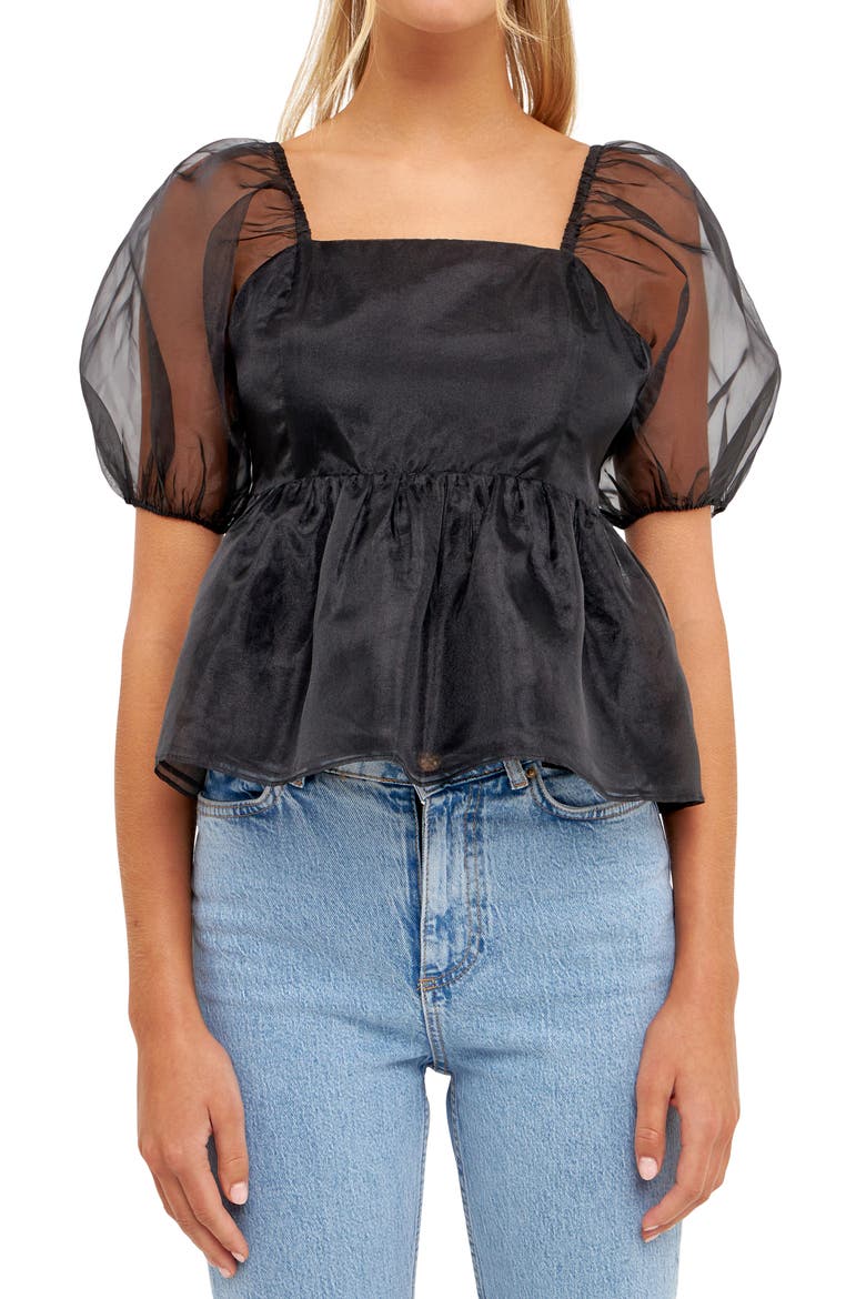 Organza Peplum Top, Alternate, color, BLACK