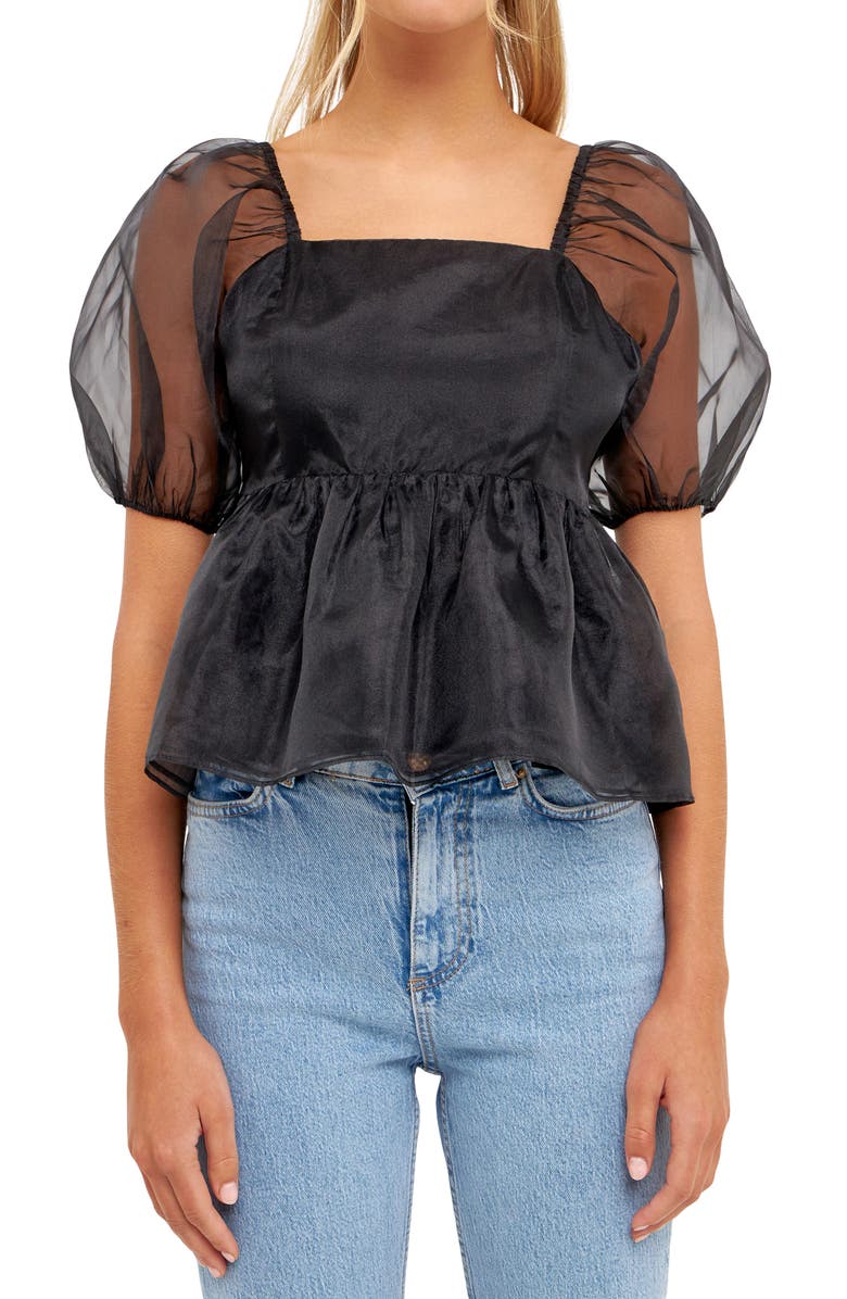 English Factory Organza Peplum Top, Alternate, color, Black