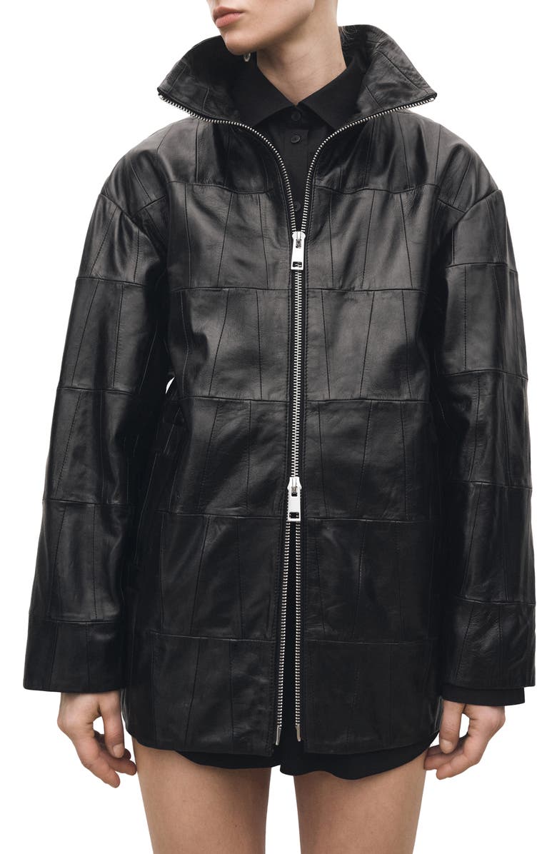 MANGO Patchwork Leather Jacket, Main, color, 