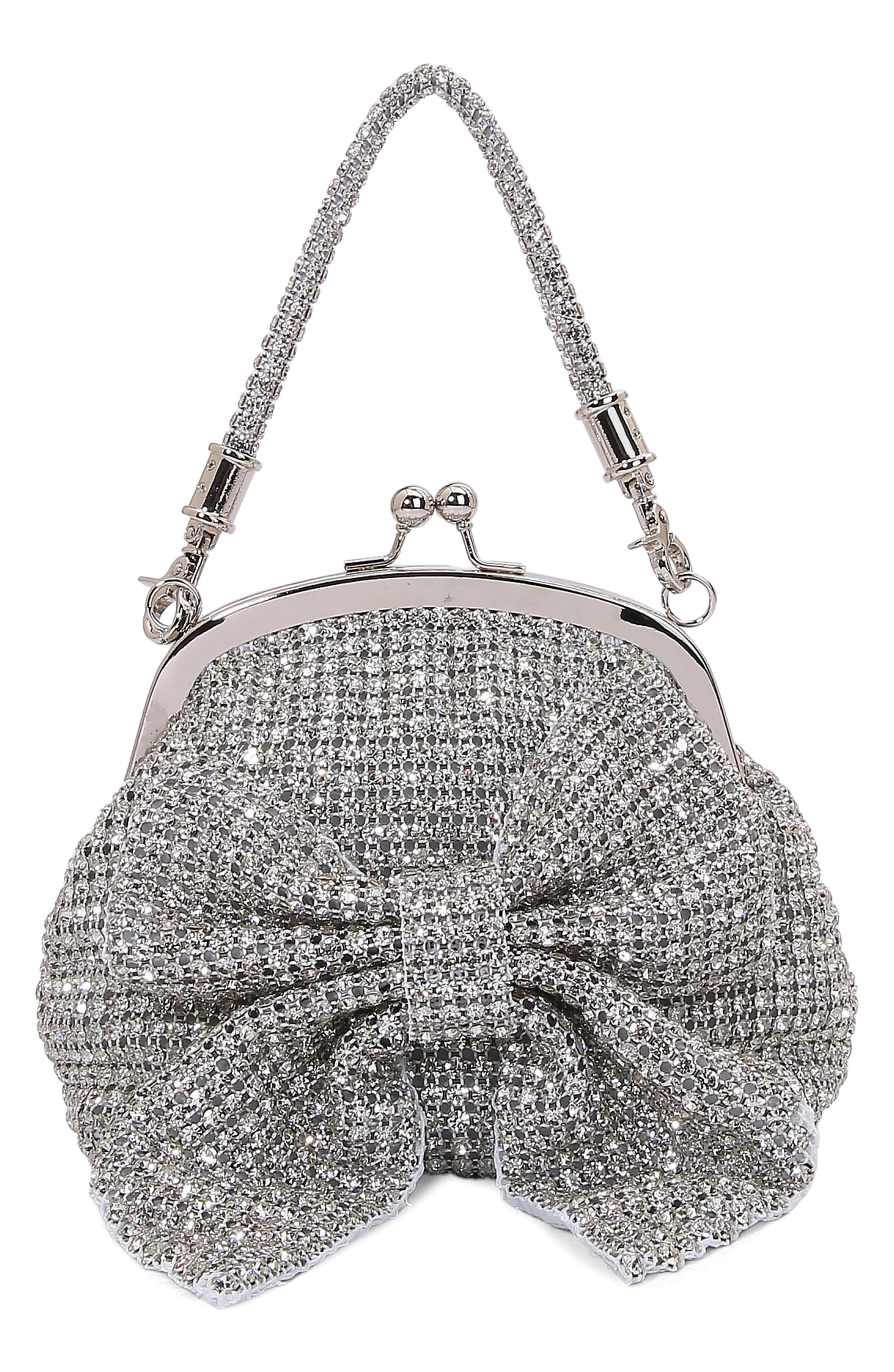 Rhinestone Embellished Bow Handbag, Main, color, SILVER