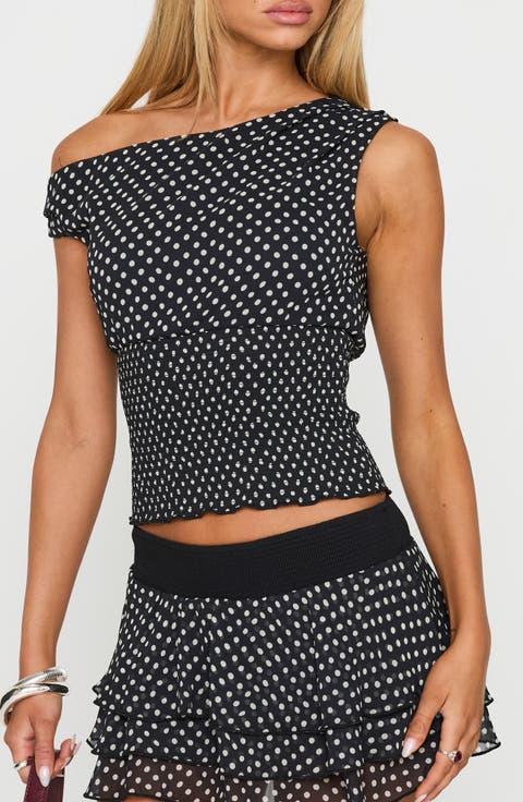 Ready To Party One-Shoulder Polka Dot Top