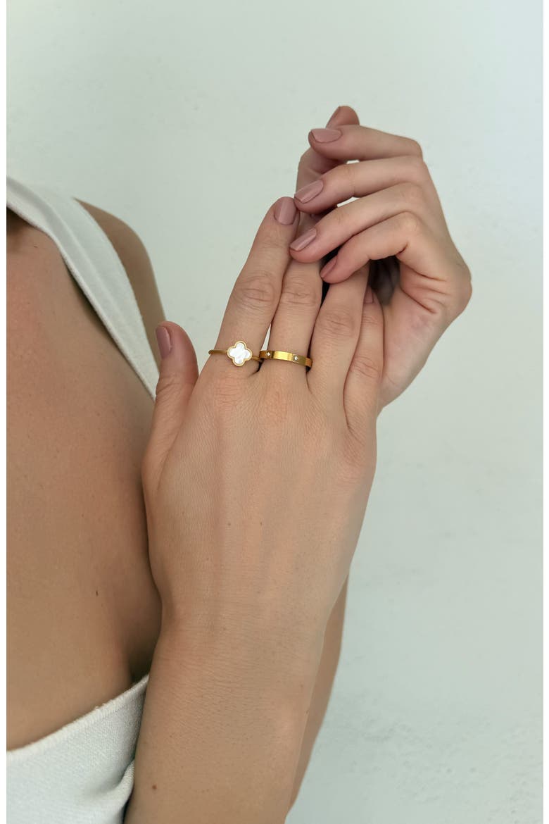 Set of 2 Mother-of-Pearl Clover & Cubic Zirconia Band Rings, Alternate, color, GOLD/ WHITE