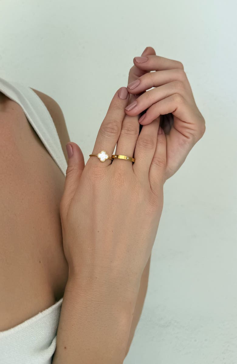 Adornia Set of 2 Mother-of-Pearl Clover & Cubic Zirconia Band Rings, Alternate, color, Gold/ White