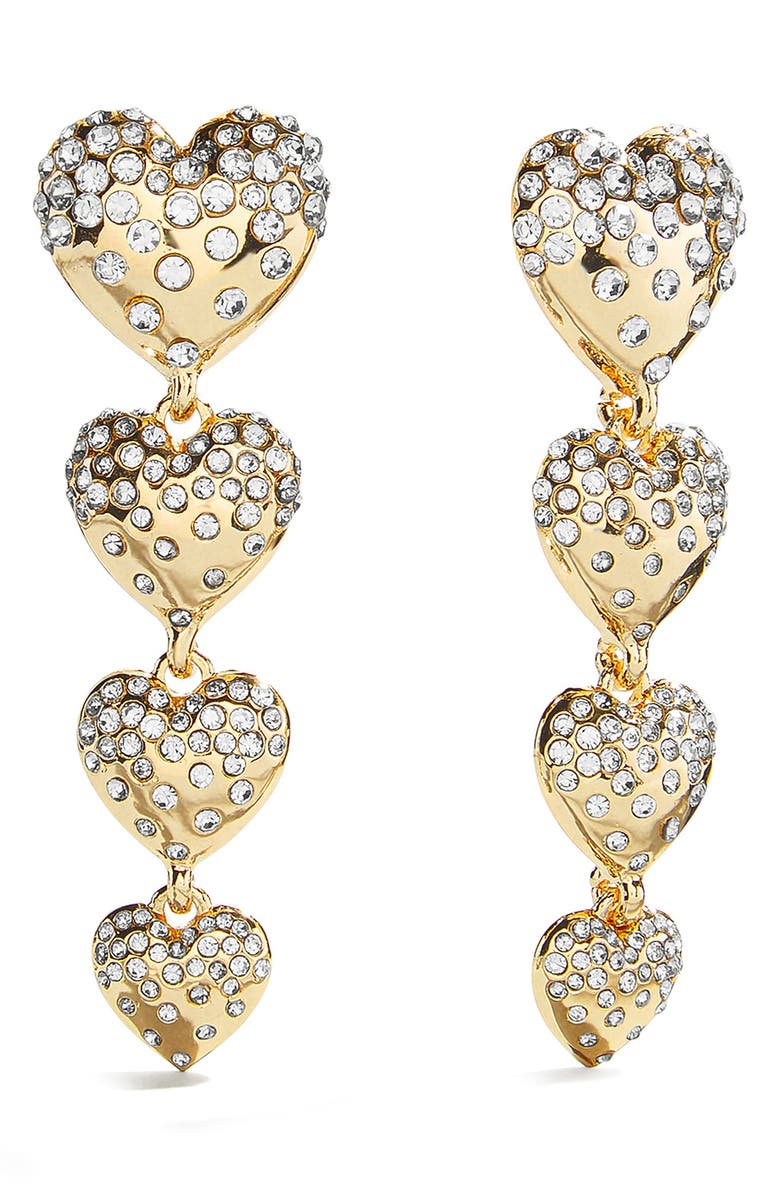 BaubleBar Isabelle Pavé Heart Linear Drop Earrings, Main, color, Gold/ Clear