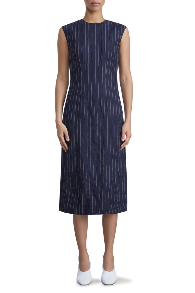 Metallic Pinstripe Crinkled Sheath Dress, Main, color, MIDNIGHT BLUE MULTI