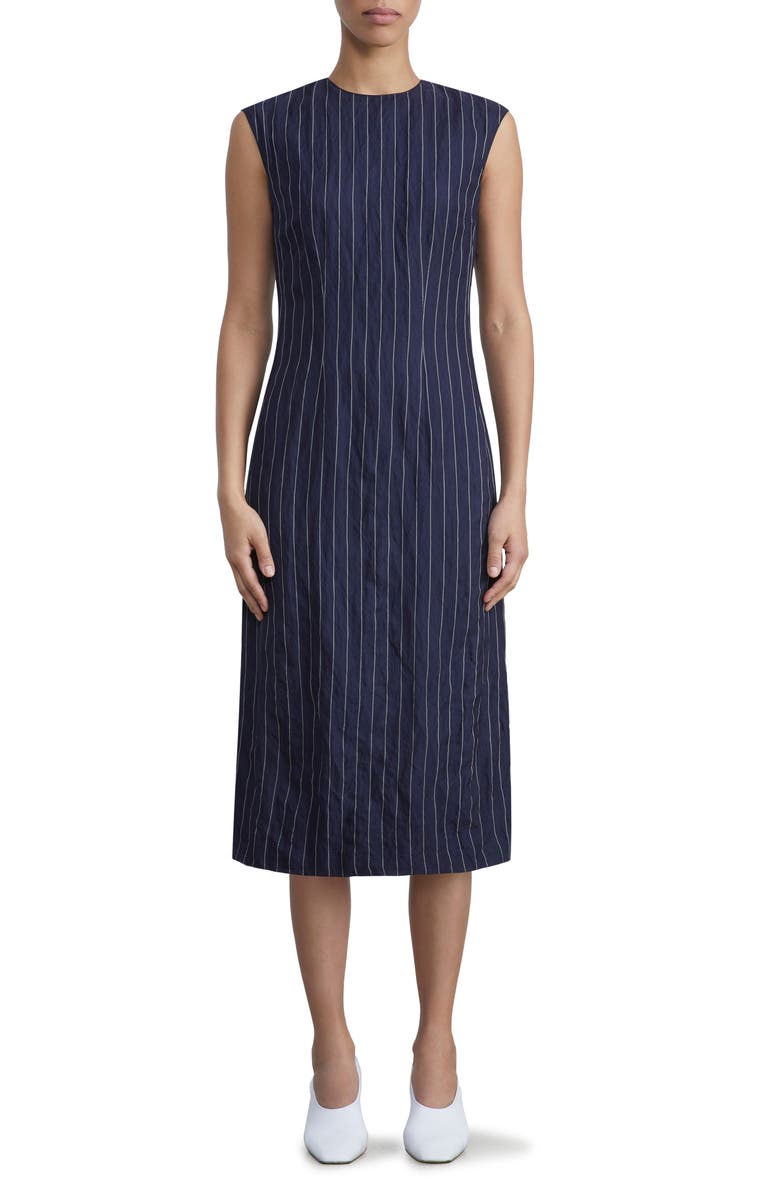 Lafayette 148 New York Metallic Pinstripe Crinkled Sheath Dress, Main, color,