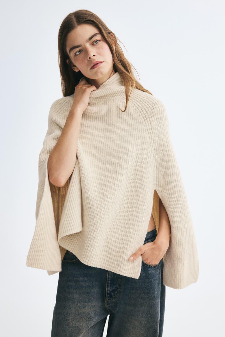 Knit Mock Turtleneck Cape, Alternate, color, Light beige
