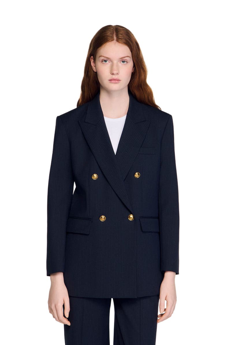 SANDRO Pinstripe jacket, Main, color, Navy Blue