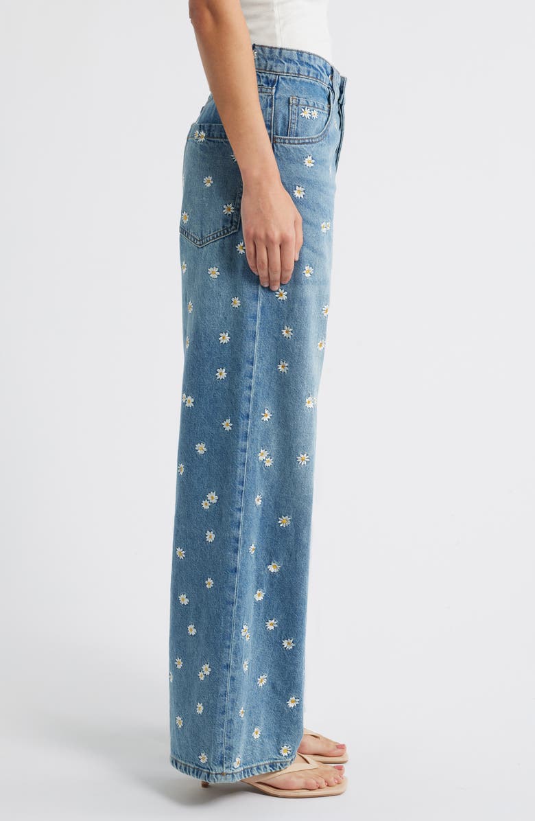 MANGO Flower Embroidered Wide Leg Jeans, Alternate, color, Medium Blue
