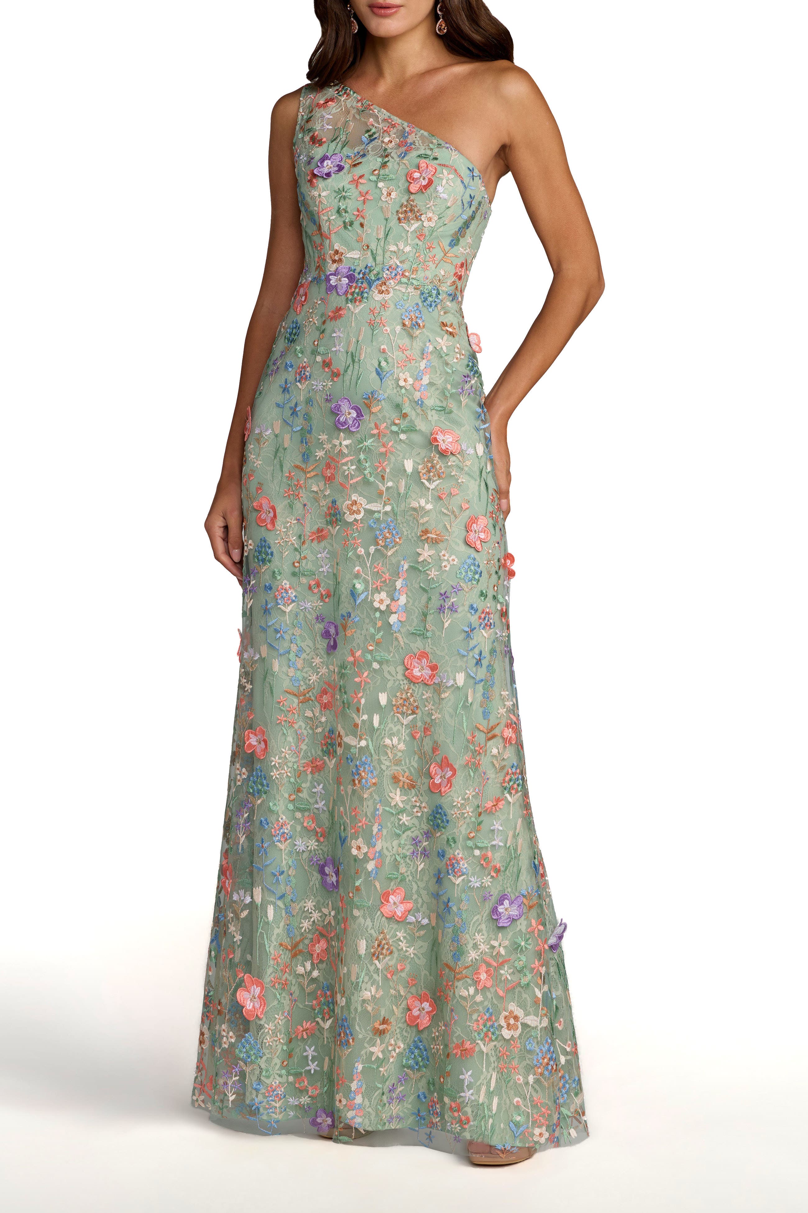 One Shoulder Lace Embroidered Gown