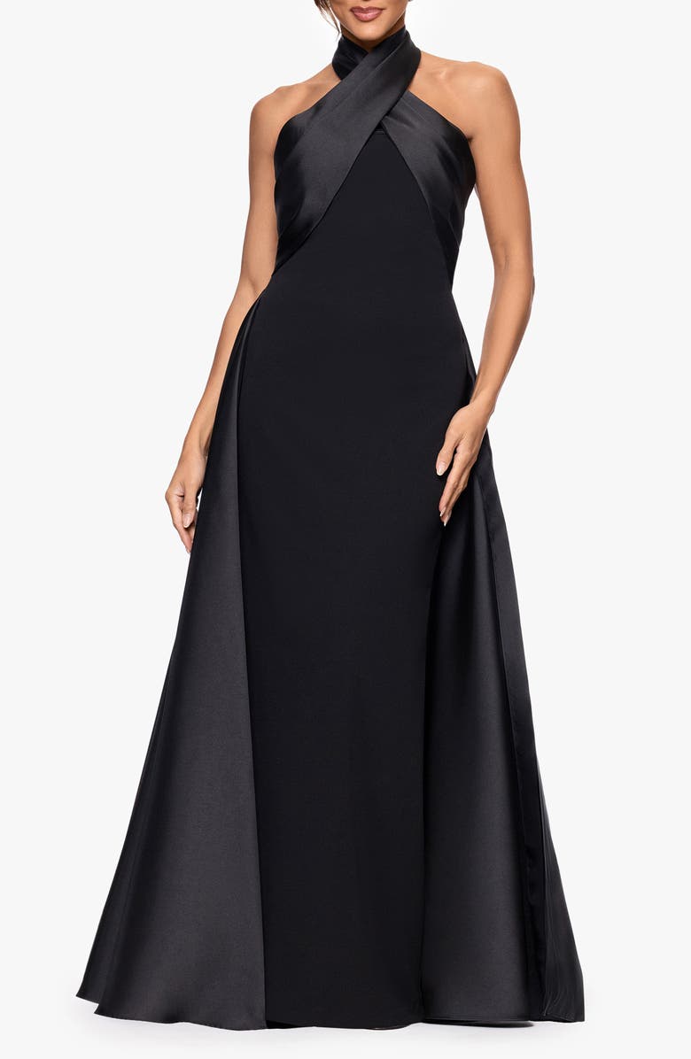 Betsy & Adam Twist Halter Neck Mikado Scuba Crepe Gown, Main, color, Black