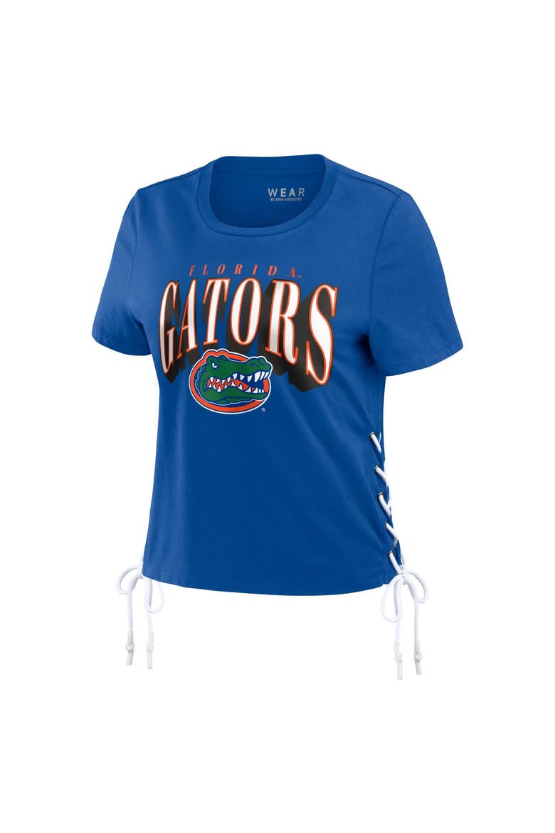 Women's WEAR by Erin Andrews Royal Florida Gators Side Lace-Up Modest Crop T-Shirt, Alternate, color, Royal