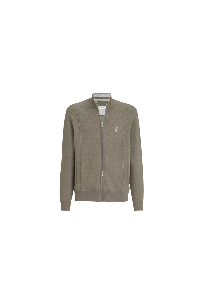 Cashmere double knit cardigan with zipper and logo, Alternate, color, Military