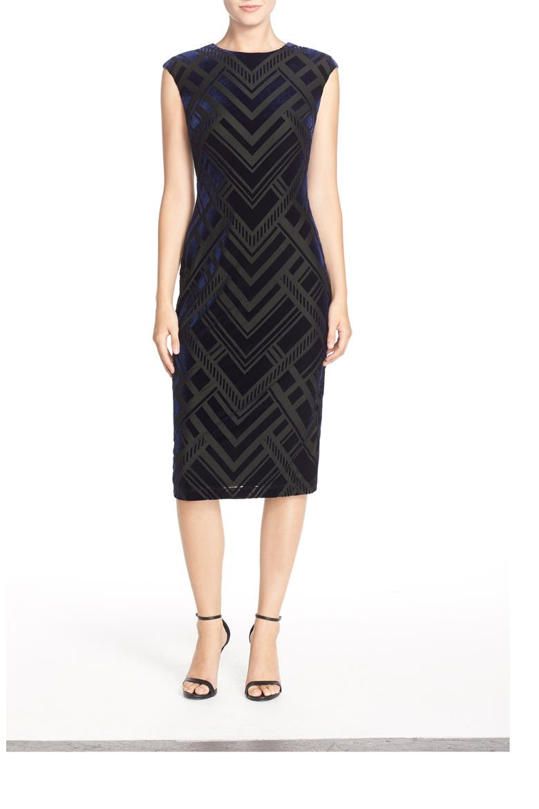 Burnout Velvet Sheath Dress, Main, color, NAVY