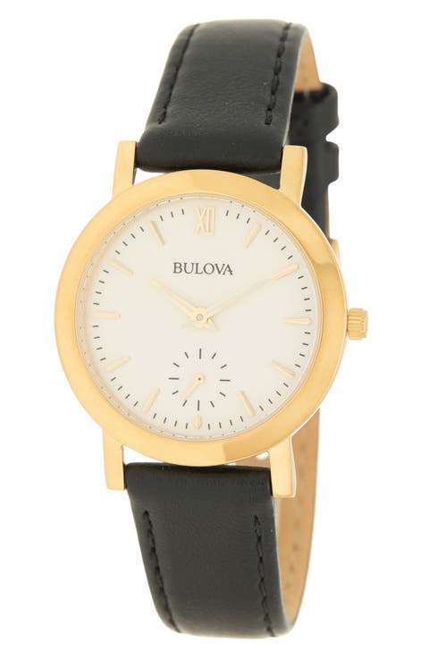 Women's Classic Gold Case Black Leather Strap Watch, 32mm