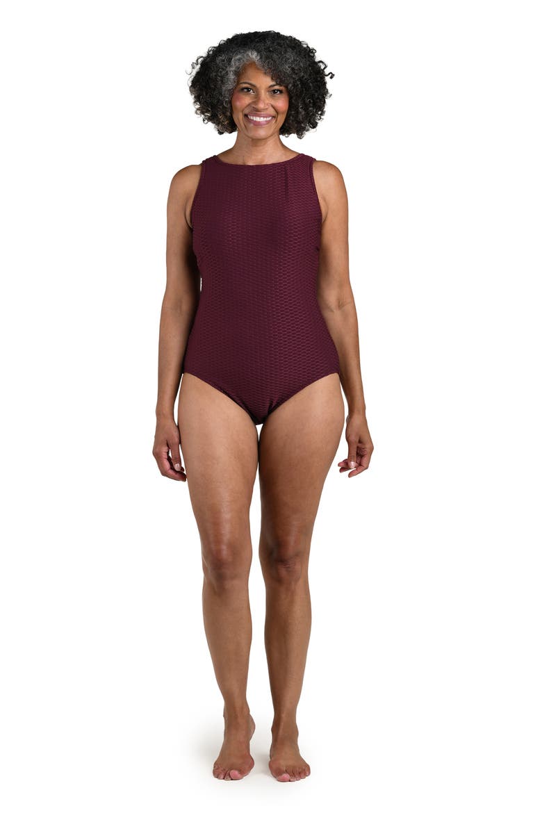 Textured High Neck One Piece Swimsuit, Alternate, color, WINE