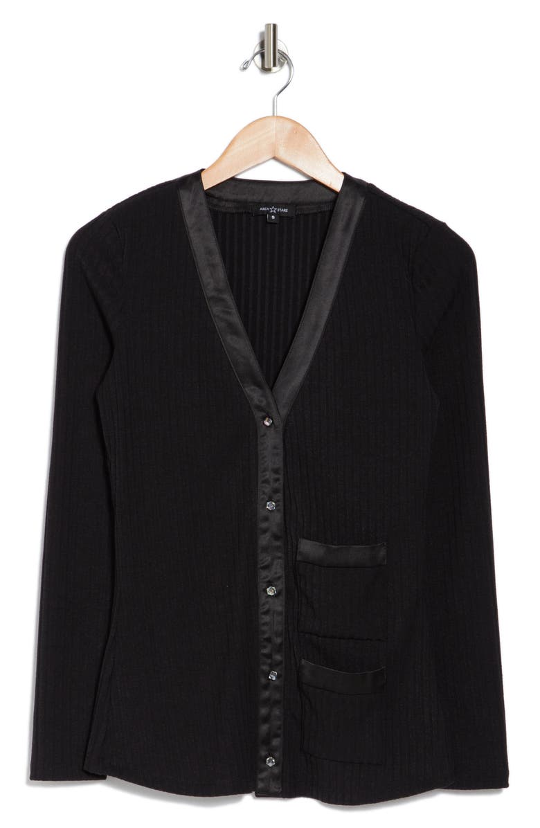 AREA STARS Bria Satin Trim Cardigan, Alternate, color, Black
