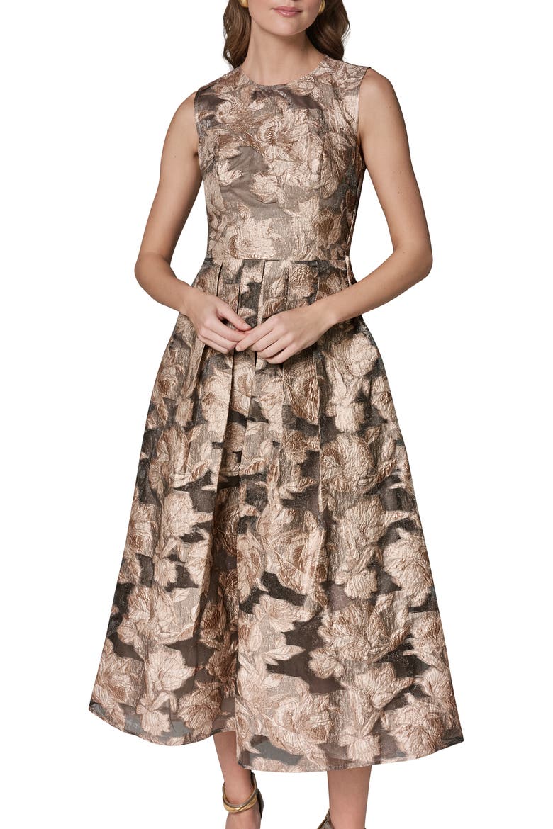Floral Metallic Jacquard Cocktail Midi Dress, Alternate, color, SNOW PETAL