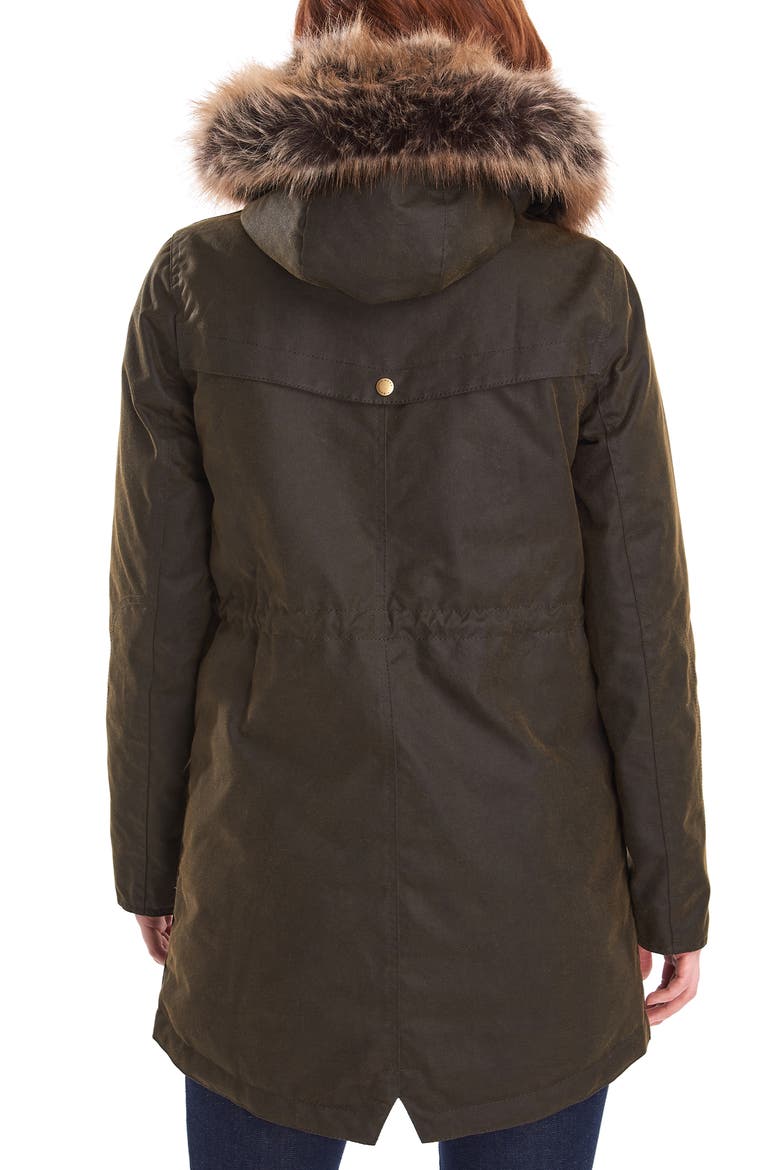 Thrunton Waxed Cotton Jacket with Faux Fur Trim, Alternate, color, OLIVE/ CLASSIC