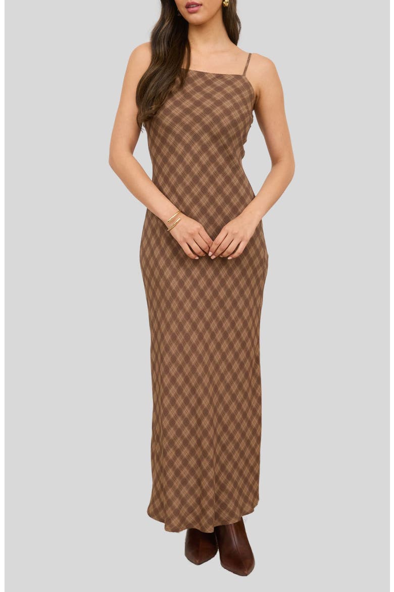 Bias Cut Plaid Midi Dress, Main, color, BROWN MULTI