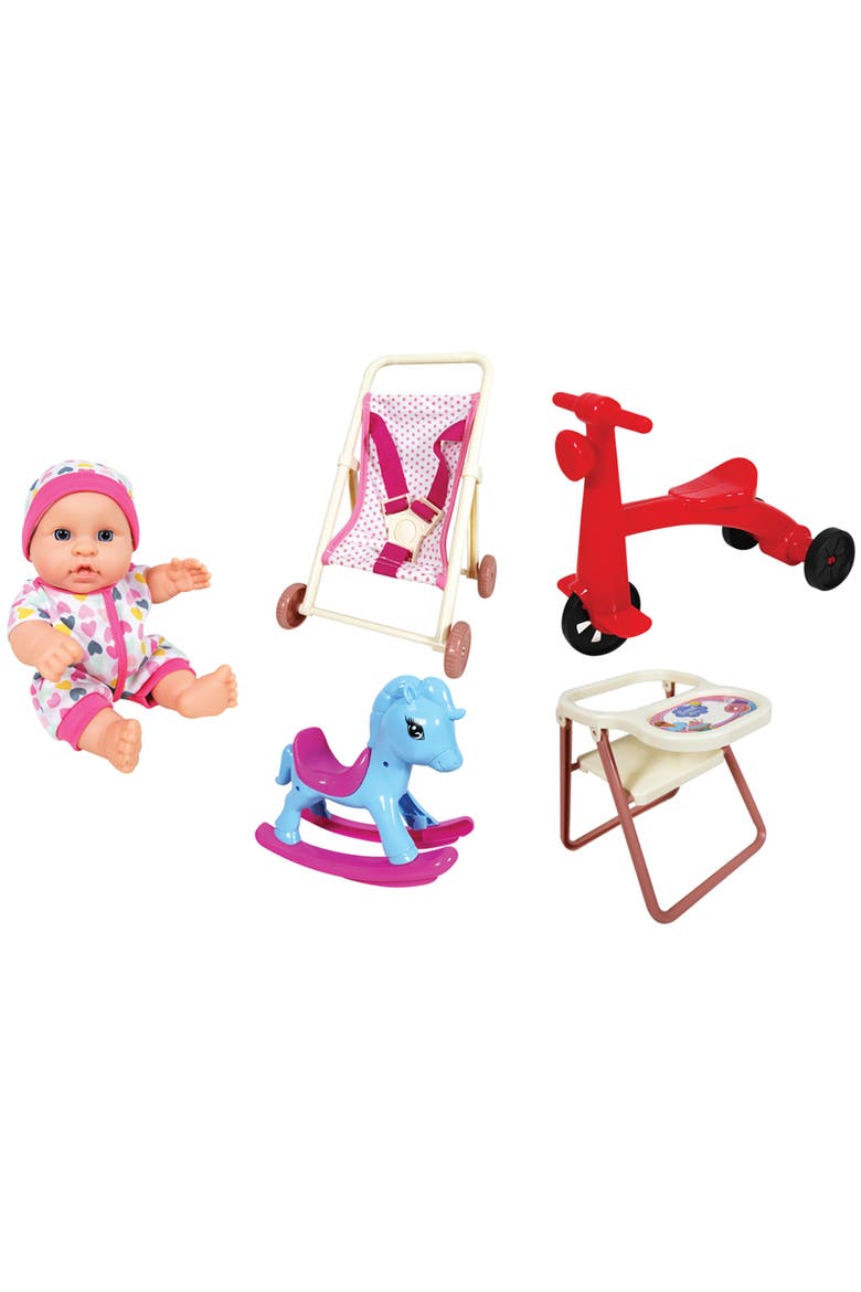8'' Baby Doll Set with Scooter, Pushchair, Rocker & Highchair Playset, Main, color, Multicolored
