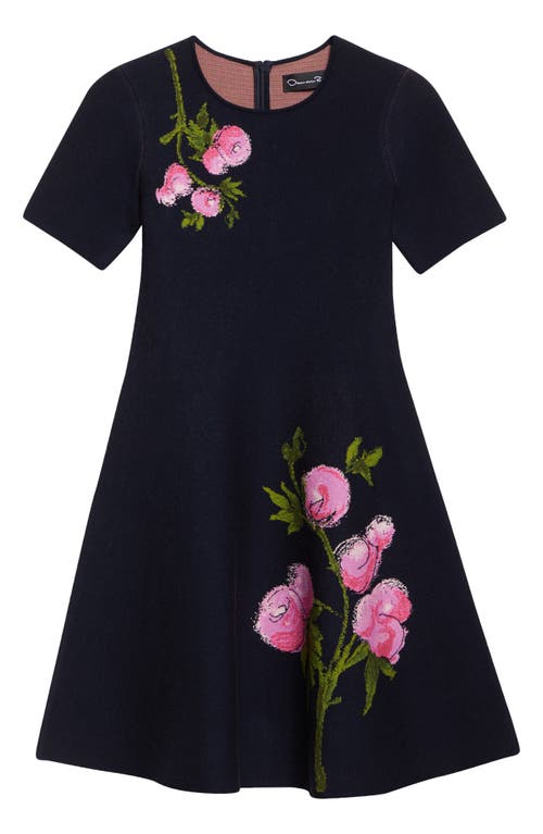 Shop Oscar De La Renta English Rose Jacquard Knit Fit & Flare Dress In Navy/pink